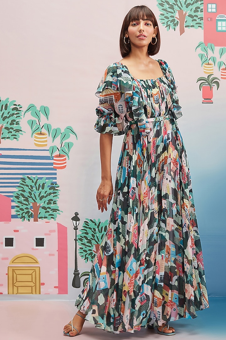 Multi Colored Printed Maxi Dress by Pankaj & Nidhi