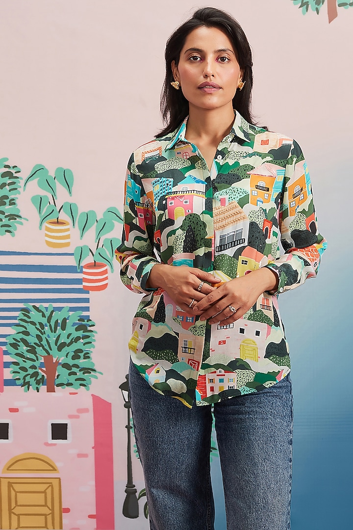 Multi Colored Silk Printed Shirt by Pankaj & Nidhi