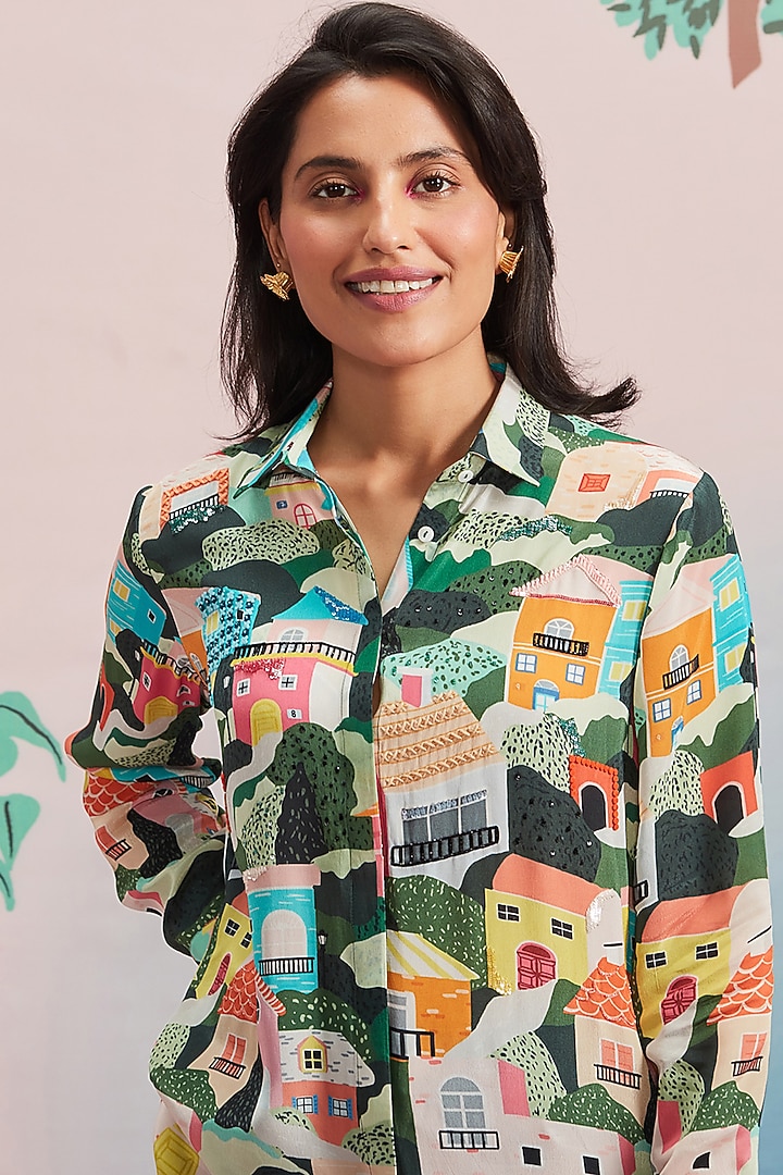 Multi Colored Silk Printed Shirt by Pankaj & Nidhi at Pernia's Pop Up Shop