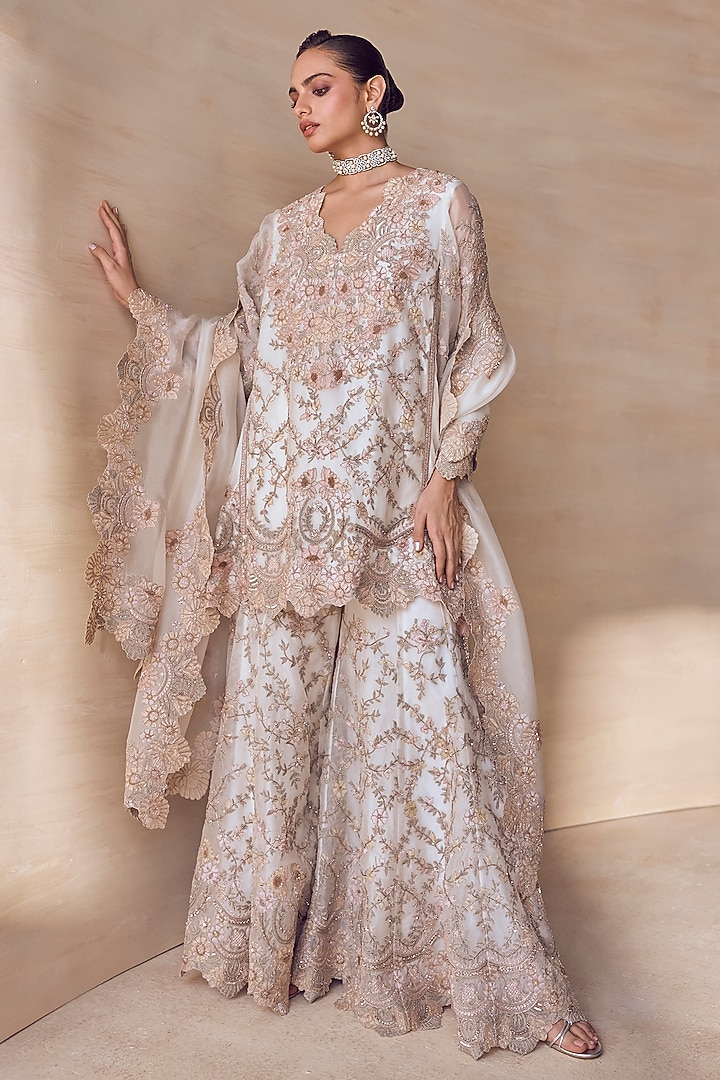 Ivory Silk Organza Floral Embroidered Jacket Set by Pankaj & Nidhi at Pernia's Pop Up Shop