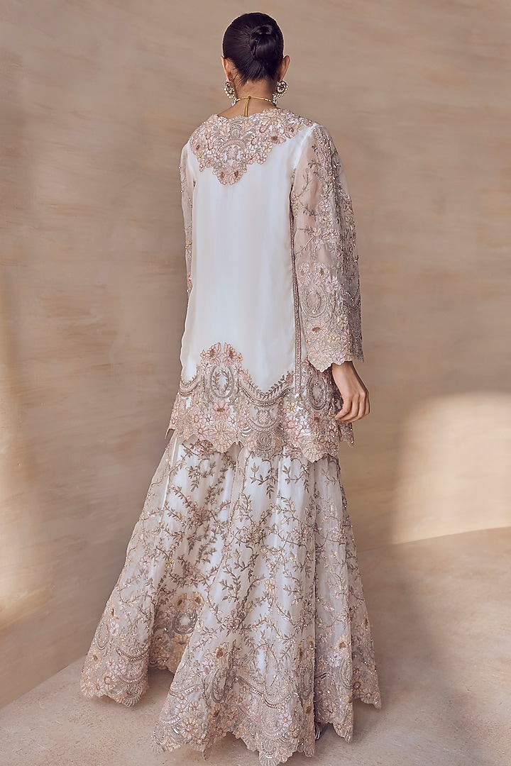 Ivory Silk Organza Floral Embroidered Jacket Set by Pankaj & Nidhi at Pernia's Pop Up Shop
