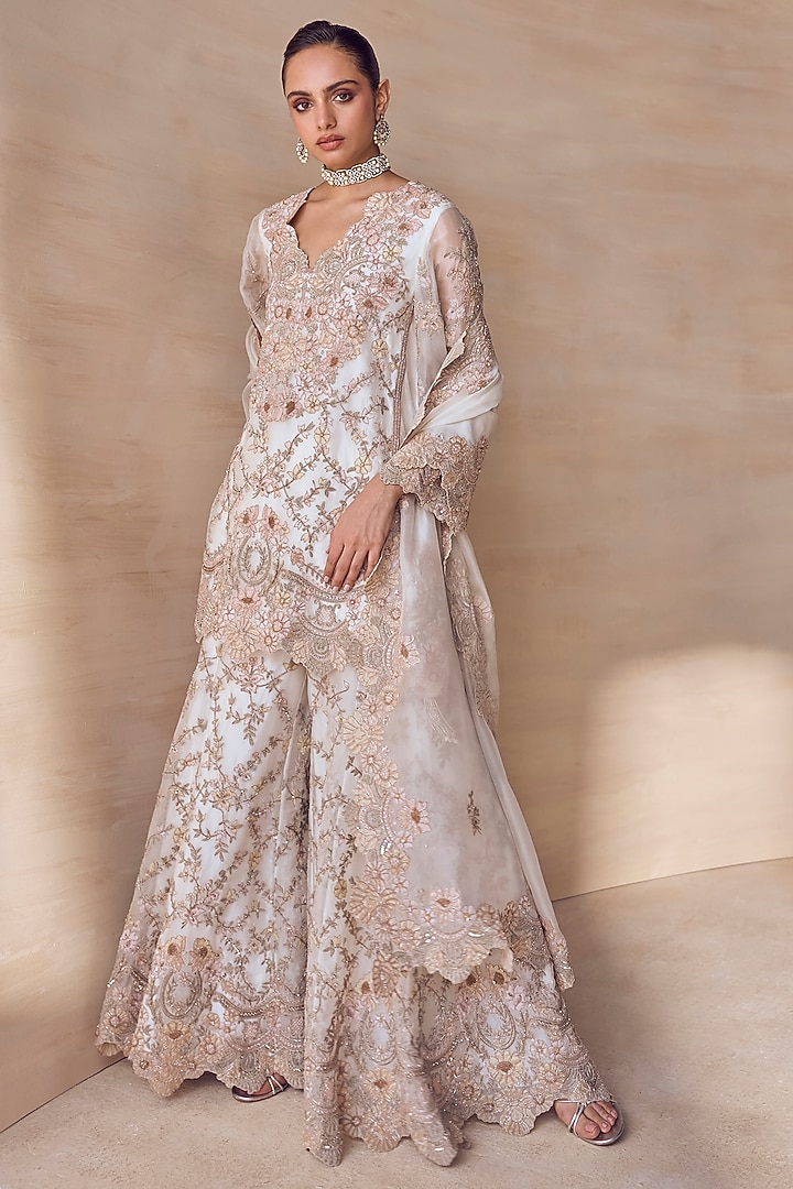 Ivory Silk Organza Floral Embroidered Jacket Set by Pankaj & Nidhi at Pernia's Pop Up Shop