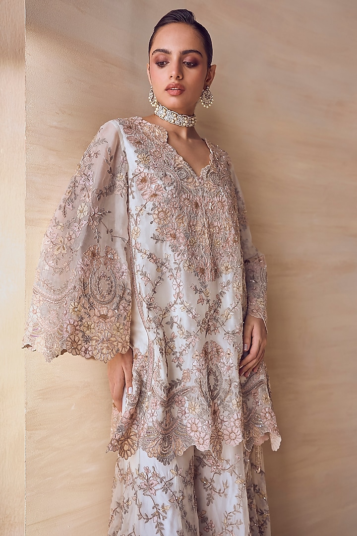 Ivory Silk Organza Floral Embroidered Jacket Set by Pankaj & Nidhi at Pernia's Pop Up Shop