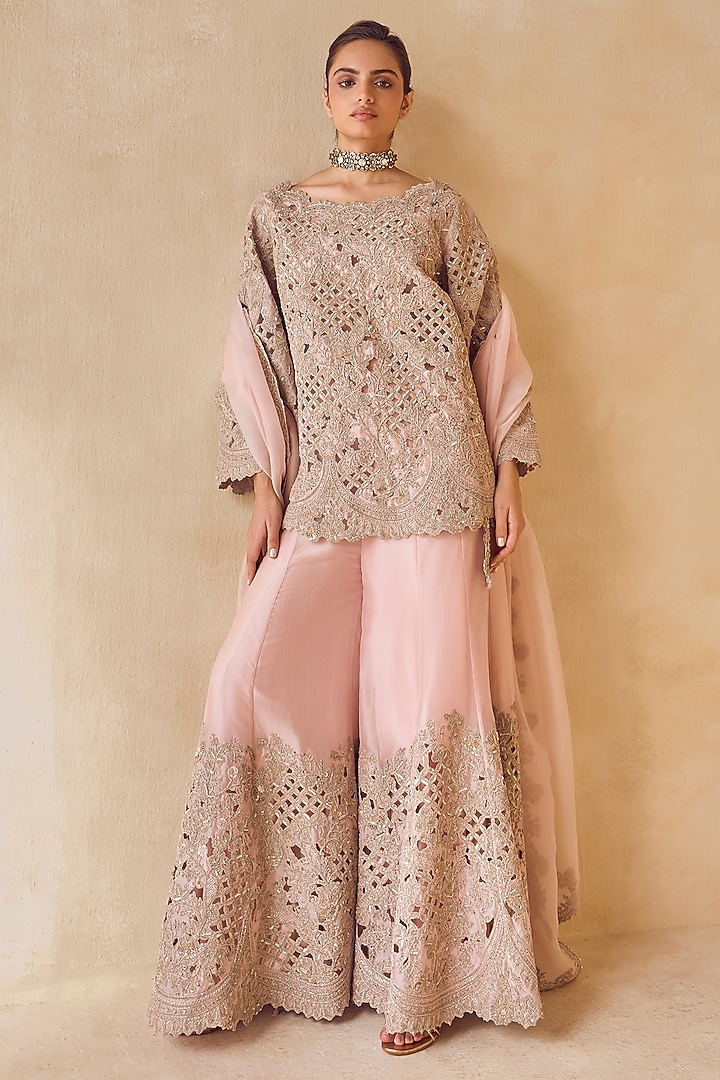 Dusty Pink Silk Organza Hand Embroidered Bridal Sharara Set by Pankaj & Nidhi at Pernia's Pop Up Shop