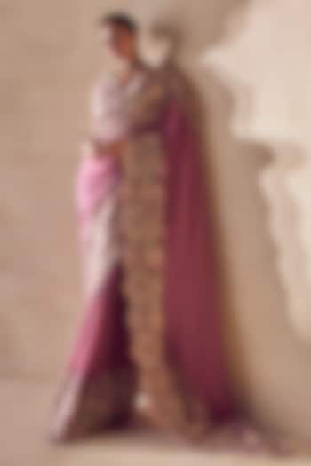 Plum Wine Georgette Hand Embroidered Draped Bridal Saree Set by Pankaj & Nidhi at Pernia's Pop Up Shop