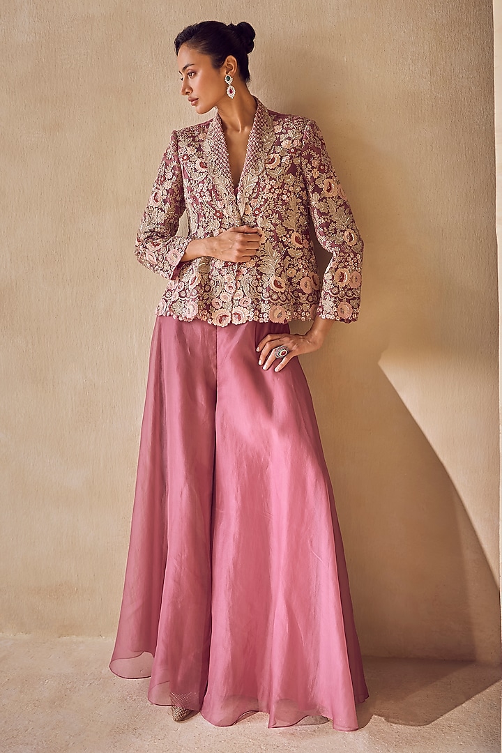 Deep Mauve Silk Organza Bridal Sharara Set by Pankaj & Nidhi at Pernia's Pop Up Shop