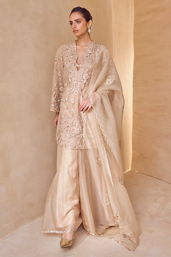 Beige Silk Organza Bridal Sharara Set by Pankaj & Nidhi at Pernia's Pop Up Shop