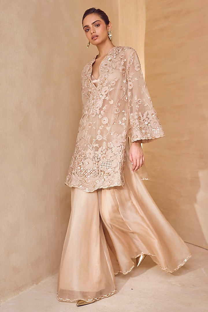 Beige Silk Organza Bridal Sharara Set by Pankaj & Nidhi at Pernia's Pop Up Shop