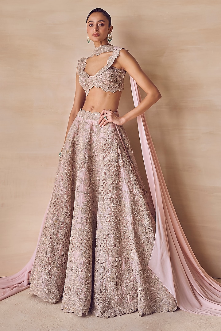 Pale Mauve Silk Organza Hand Embroidered Bridal Bridal Lehenga Set by Pankaj & Nidhi at Pernia's Pop Up Shop