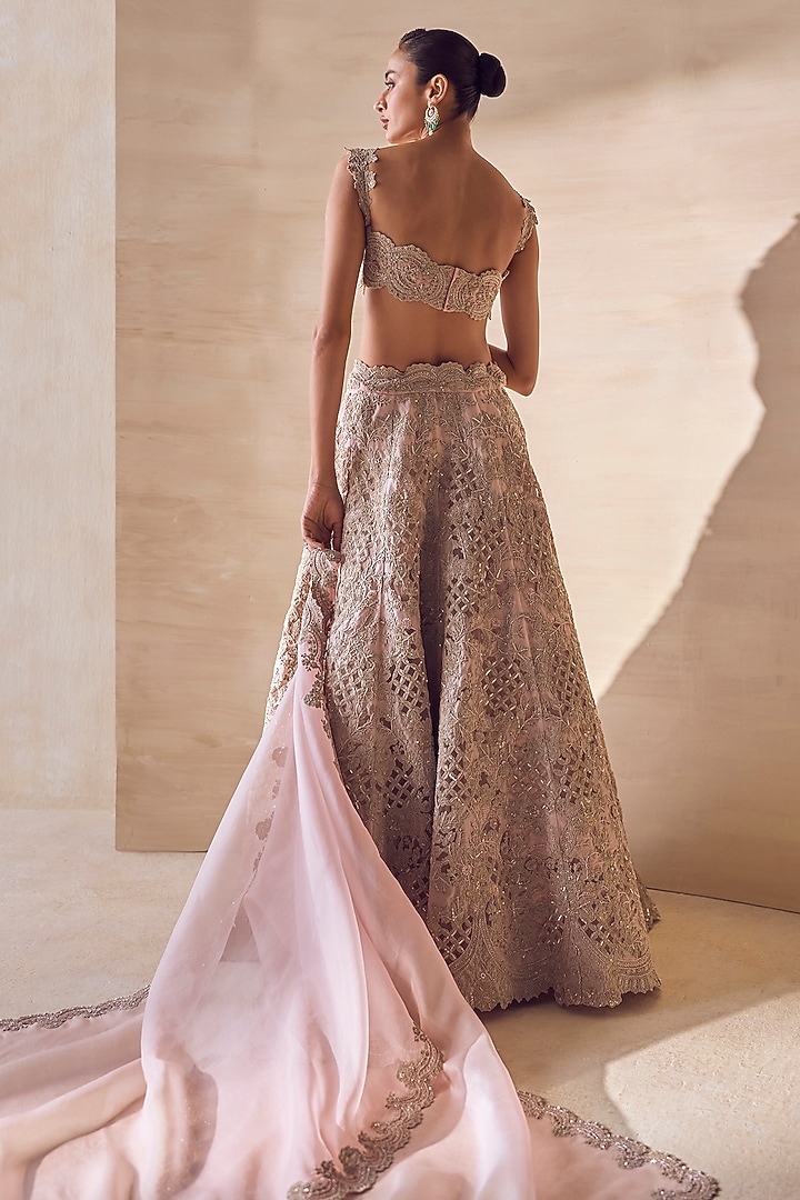 Pale Mauve Silk Organza Hand Embroidered Bridal Bridal Lehenga Set by Pankaj & Nidhi at Pernia's Pop Up Shop