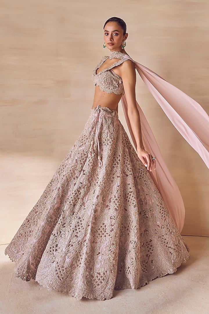 Pale Mauve Silk Organza Hand Embroidered Bridal Bridal Lehenga Set by Pankaj & Nidhi at Pernia's Pop Up Shop