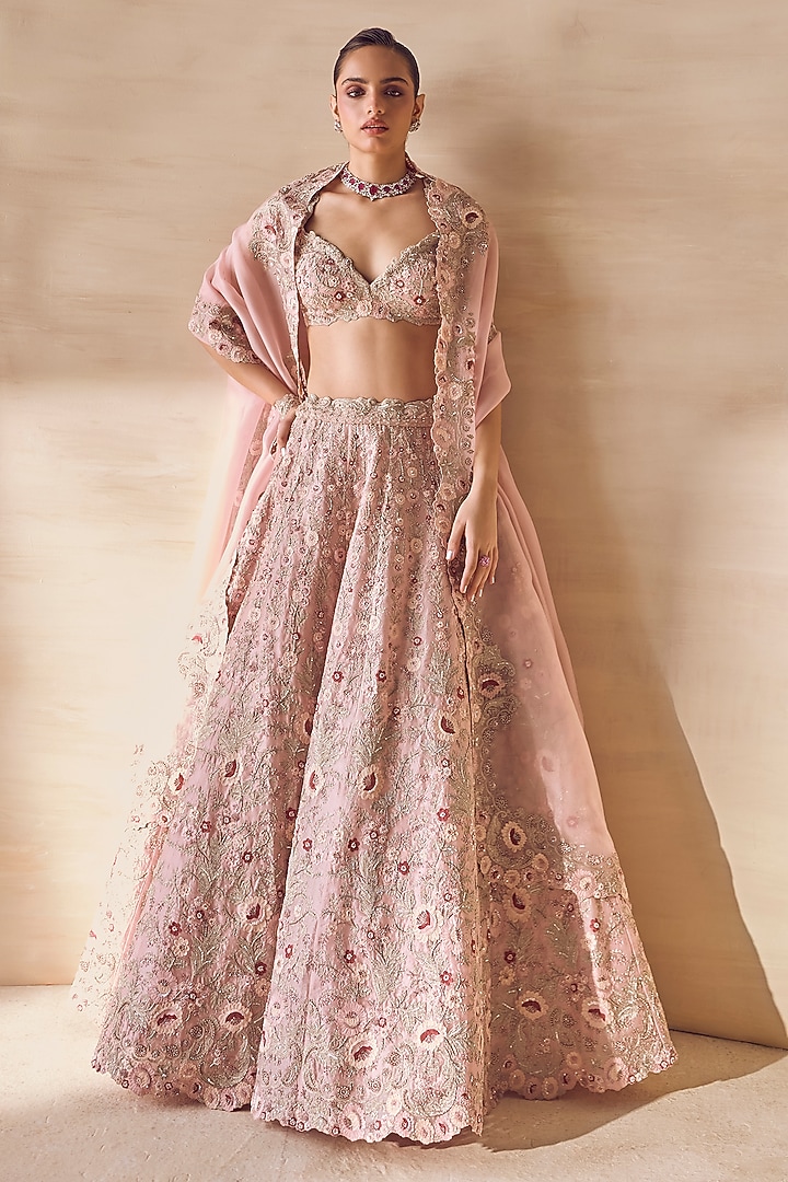 Ivory Tulle & Organza Hand Embroidered Bridal Bridal Lehenga Set by Pankaj & Nidhi at Pernia's Pop Up Shop