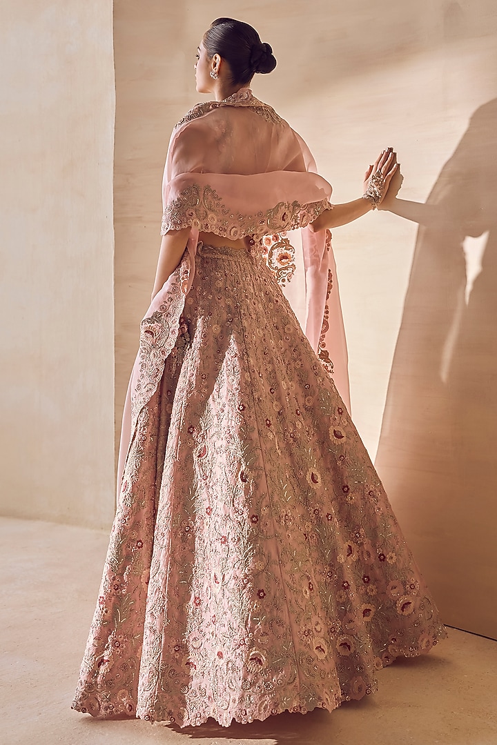 Ivory Tulle & Organza Hand Embroidered Bridal Bridal Lehenga Set by Pankaj & Nidhi at Pernia's Pop Up Shop