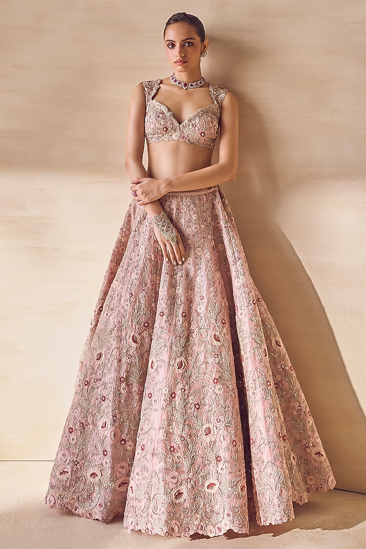Ivory Tulle & Organza Hand Embroidered Bridal Bridal Lehenga Set by Pankaj & Nidhi at Pernia's Pop Up Shop