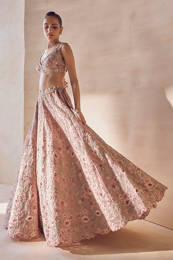Ivory Tulle & Organza Hand Embroidered Bridal Bridal Lehenga Set by Pankaj & Nidhi at Pernia's Pop Up Shop