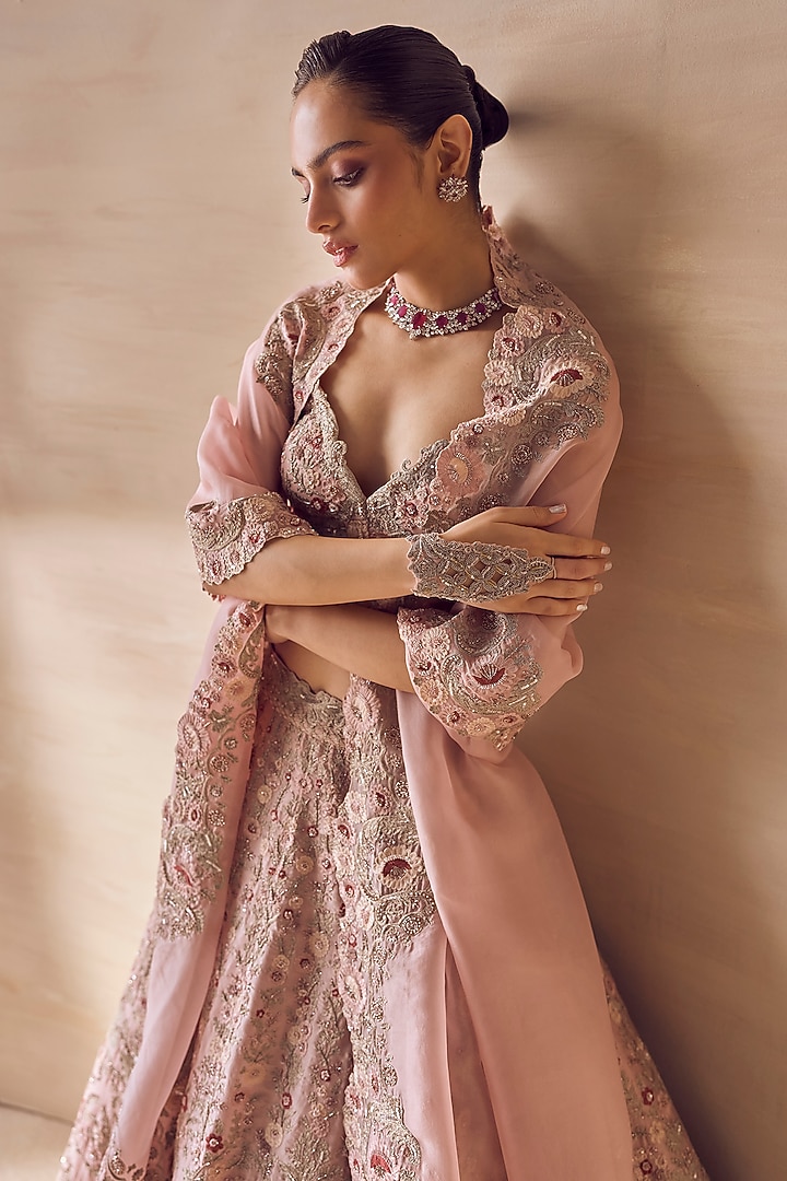 Ivory Tulle & Organza Hand Embroidered Bridal Bridal Lehenga Set by Pankaj & Nidhi at Pernia's Pop Up Shop