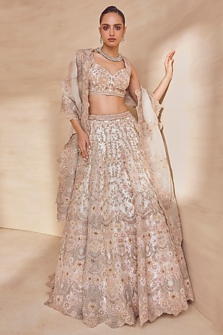 Pink Silk Organza Hand Embroidered Bridal Lehenga Set by pankaj & nidhi