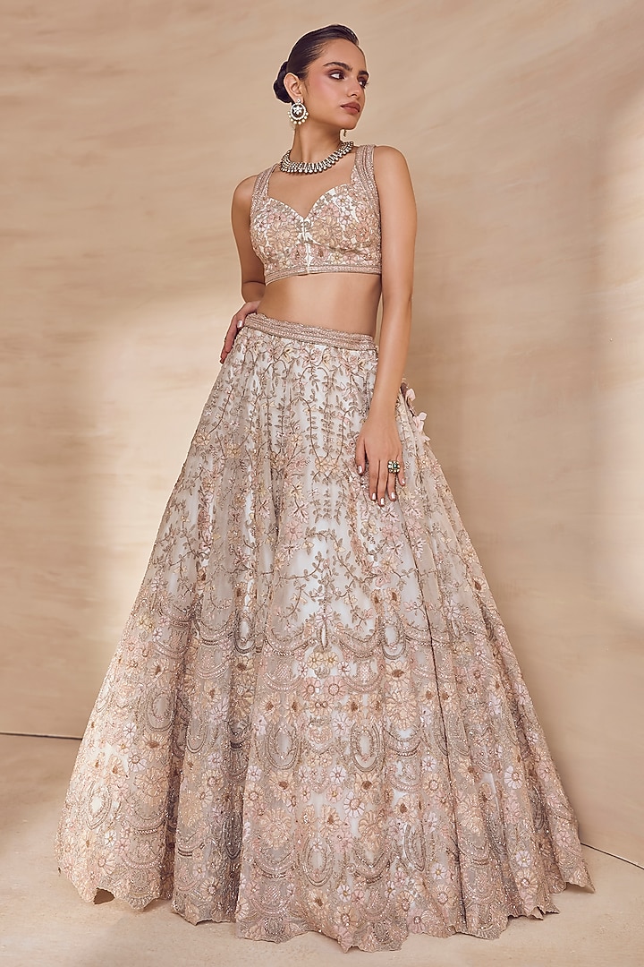 Pink Silk Organza Hand Embroidered Bridal Bridal Lehenga Set by Pankaj & Nidhi at Pernia's Pop Up Shop