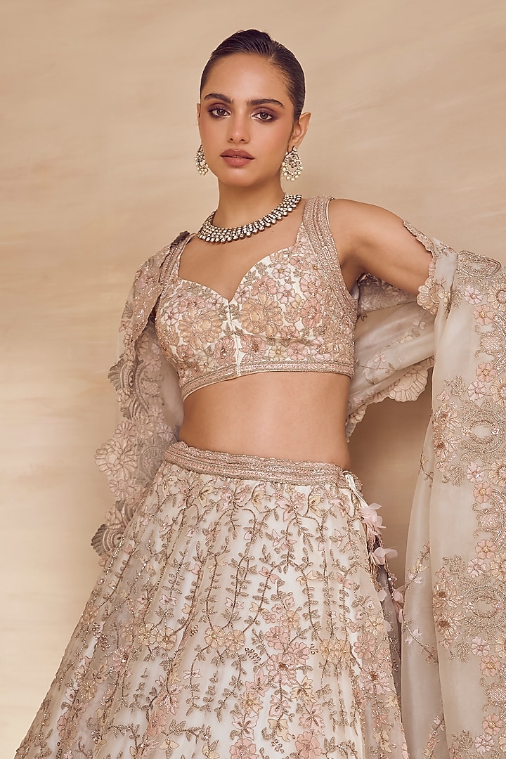 Pink Silk Organza Hand Embroidered Bridal Bridal Lehenga Set by Pankaj & Nidhi at Pernia's Pop Up Shop