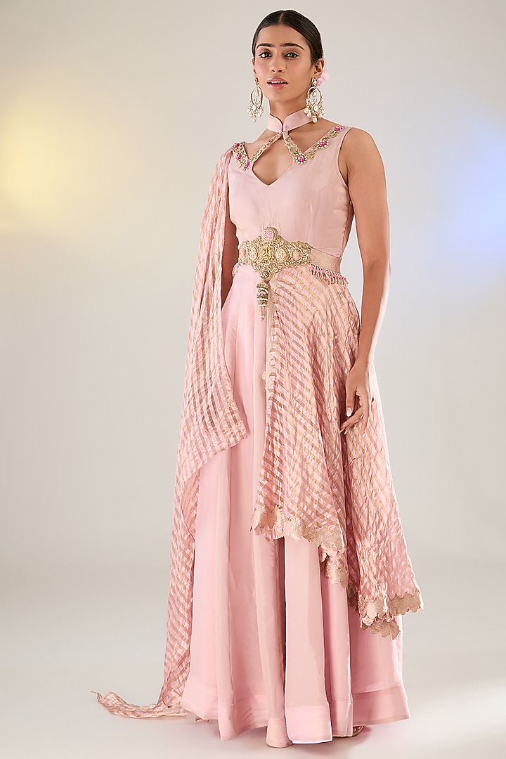 Pink Georgette Zardosi Embroidered Draped Wedding Anarkali by Pankaj S Heritage at Pernia's Pop Up Shop