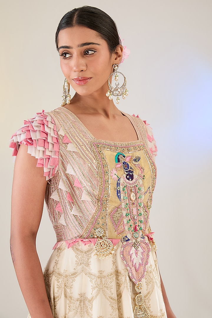 Off-White Silk Organza Embellished Kalidar Bridal Anarkali Set by Pankaj S Heritage at Pernia's Pop Up Shop