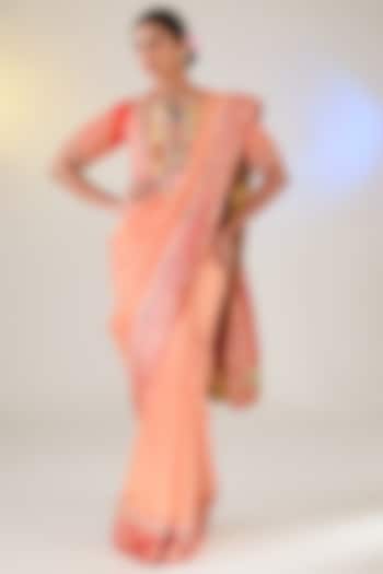Peach Banarasi Tissue Zardosi Work Reception Saree Set by Pankaj S Heritage at Pernia's Pop Up Shop