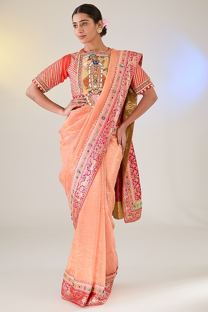 Peach Banarasi Tissue Zardosi Work Reception Saree Set by Pankaj S Heritage at Pernia's Pop Up Shop