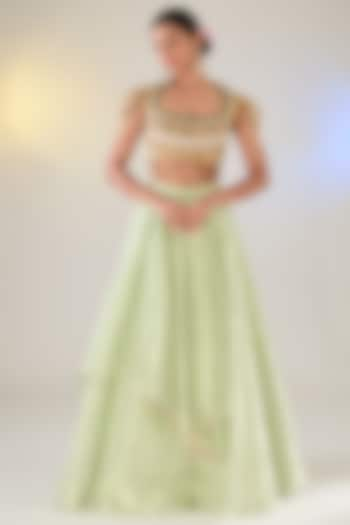 Green Tissue Layered Skirt Set by Pankaj S Heritage at Pernia's Pop Up Shop