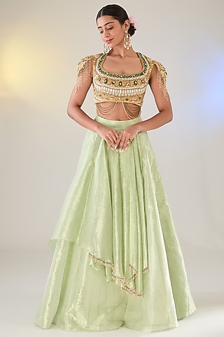 Green Tissue Layered Skirt Set by Pankaj S Heritage