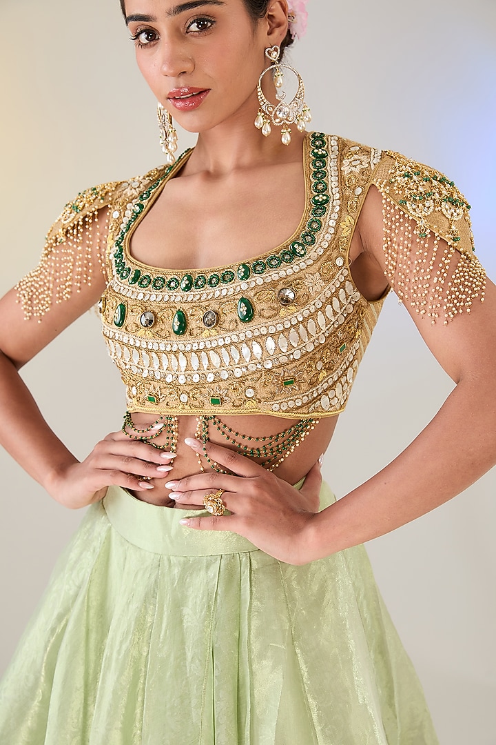 Green Tissue Layered Skirt Set by Pankaj S Heritage at Pernia's Pop Up Shop