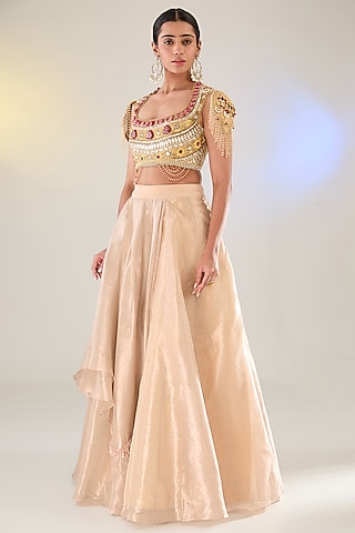 Pink Tissue Layered Skirt Set by Pankaj S Heritage