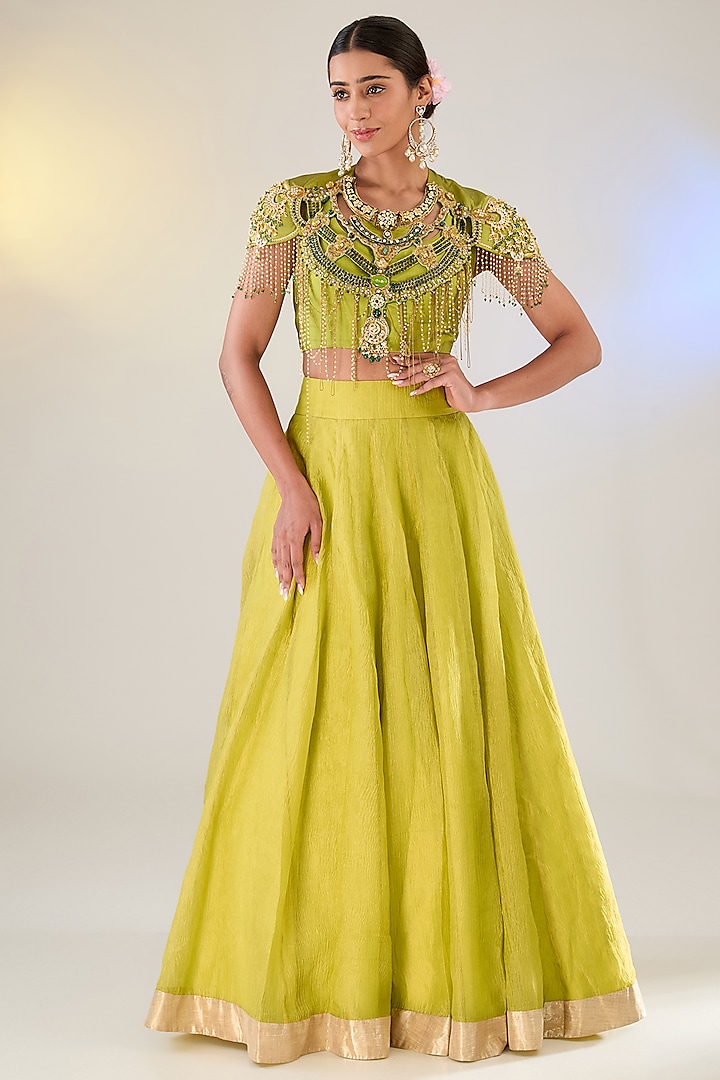 Lemon Green Tissue Ruffled Skirt Set by Pankaj S Heritage at Pernia's Pop Up Shop