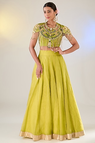 Lemon Green Tissue Ruffled Skirt Set by Pankaj S Heritage
