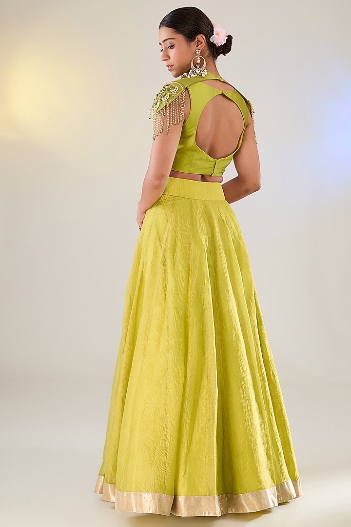 Lemon Green Tissue Ruffled Skirt Set by Pankaj S Heritage at Pernia's Pop Up Shop