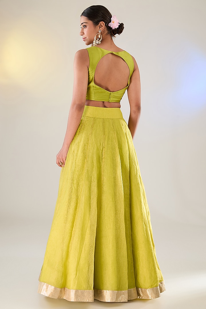 Lemon Green Tissue Ruffled Skirt Set by Pankaj S Heritage at Pernia's Pop Up Shop