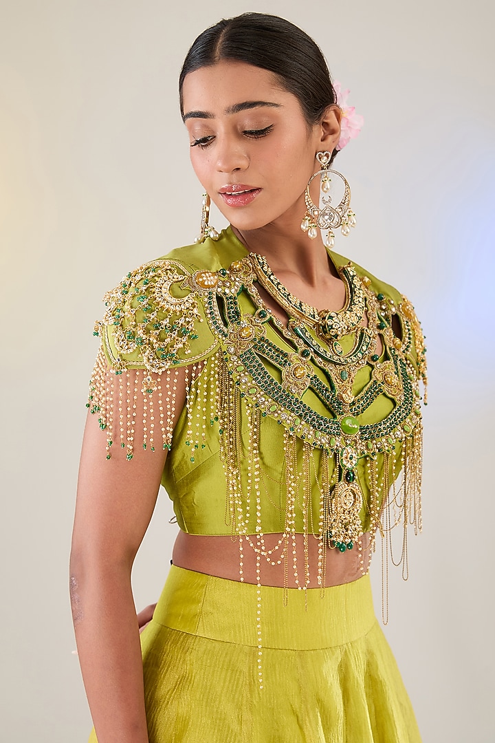 Lemon Green Tissue Ruffled Skirt Set by Pankaj S Heritage at Pernia's Pop Up Shop