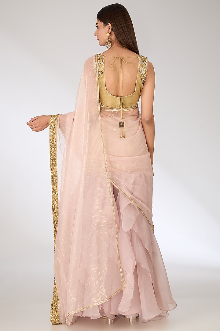 Peach Tissue Embroidered Draped Reception Saree Set by Pankaj S Heritage at Pernia's Pop Up Shop