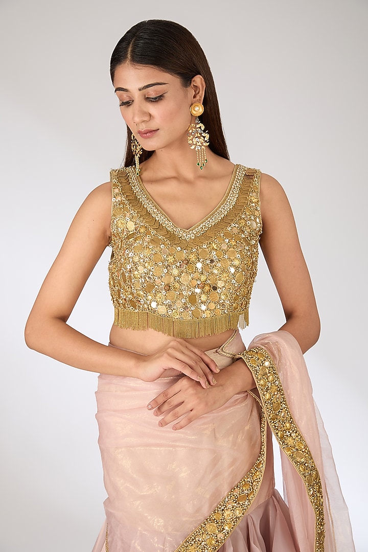 Peach Tissue Embroidered Draped Reception Saree Set by Pankaj S Heritage at Pernia's Pop Up Shop