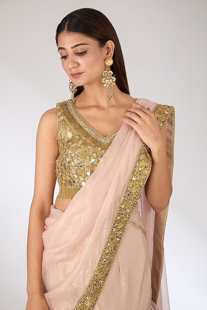 Peach Tissue Embroidered Draped Reception Saree Set by Pankaj S Heritage at Pernia's Pop Up Shop