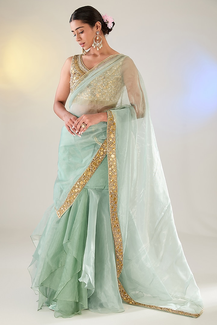 Green Tissue Brass Embroidered Draped Saree Set by Pankaj S Heritage at Pernia's Pop Up Shop