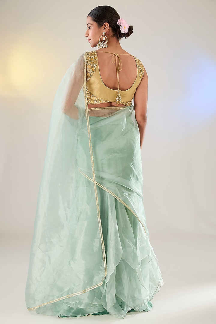 Green Tissue Brass Embroidered Draped Reception Saree Set by Pankaj S Heritage at Pernia's Pop Up Shop