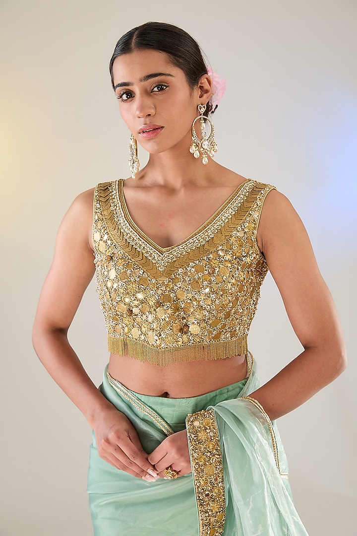 Green Tissue Brass Embroidered Draped Reception Saree Set by Pankaj S Heritage at Pernia's Pop Up Shop