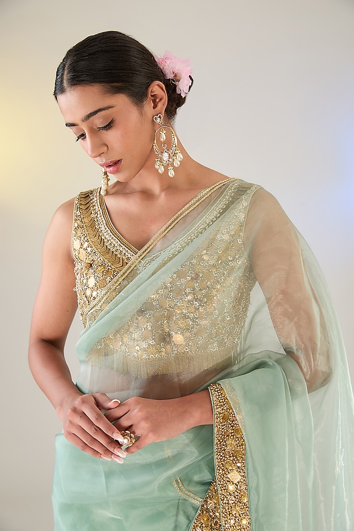 Green Tissue Brass Embroidered Draped Reception Saree Set by Pankaj S Heritage at Pernia's Pop Up Shop