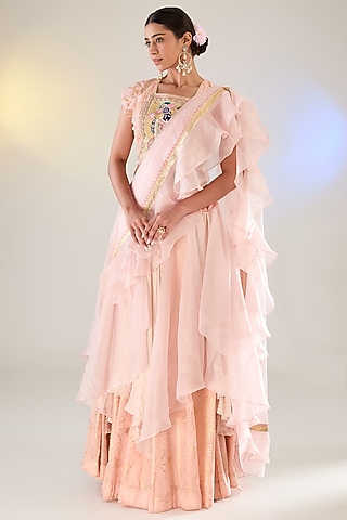 Peach Organza & Georgette Draped Skirt Set by Pankaj S Heritage