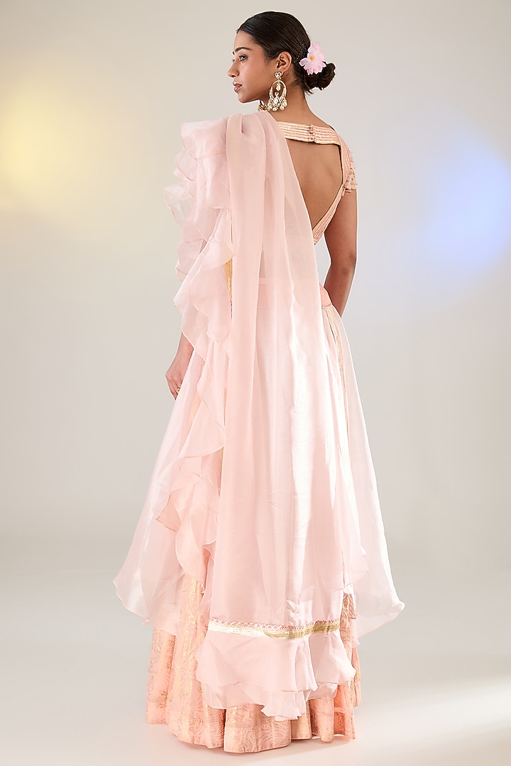 Peach Organza & Georgette Draped Skirt Set by Pankaj S Heritage at Pernia's Pop Up Shop