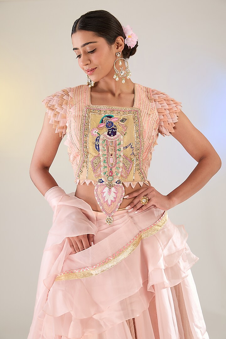 Peach Organza & Georgette Draped Skirt Set by Pankaj S Heritage at Pernia's Pop Up Shop