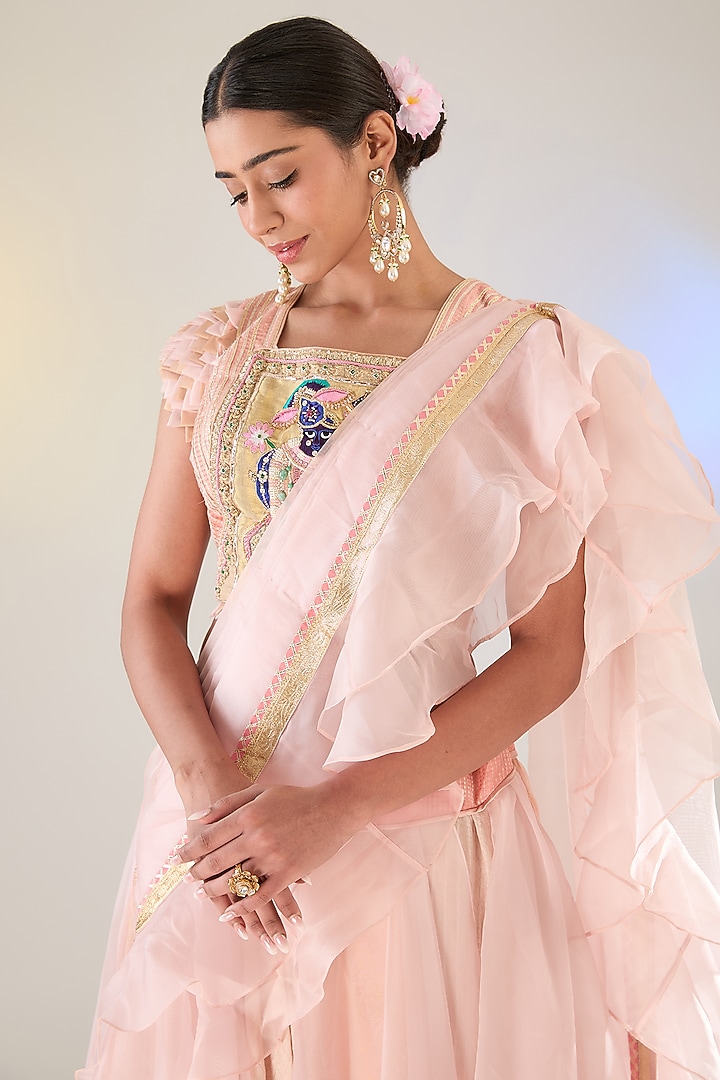 Peach Organza & Georgette Draped Skirt Set by Pankaj S Heritage at Pernia's Pop Up Shop