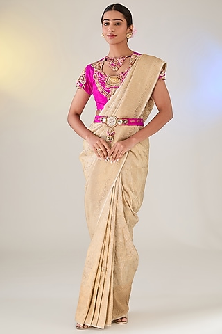 Gold Banarasi Tissue Saree Set by Pankaj S Heritage