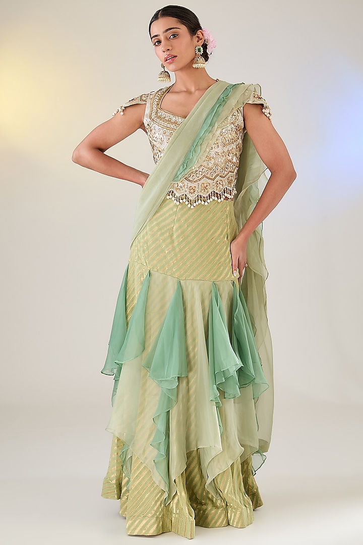 Green Tissue Lehenga Saree Set by Pankaj S Heritage at Pernia's Pop Up Shop