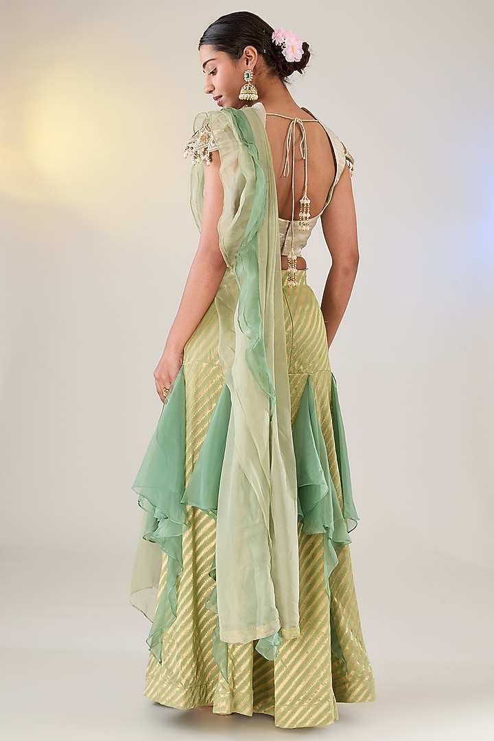 Green Tissue Reception Lehenga Saree Set by Pankaj S Heritage at Pernia's Pop Up Shop